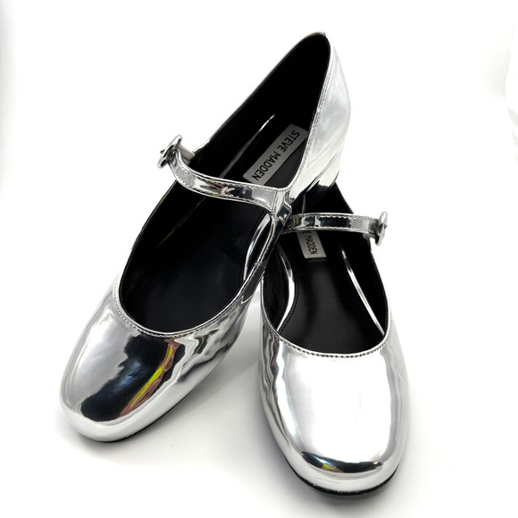 Steve Madden Silver Cyndie Mary Jane Block Heel Size 8 #mirror - Picture 1 of 9